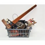 SELECTION OF TOOLS including a large set square, foot pump, oil lamp, hand saws, mallet, spirit