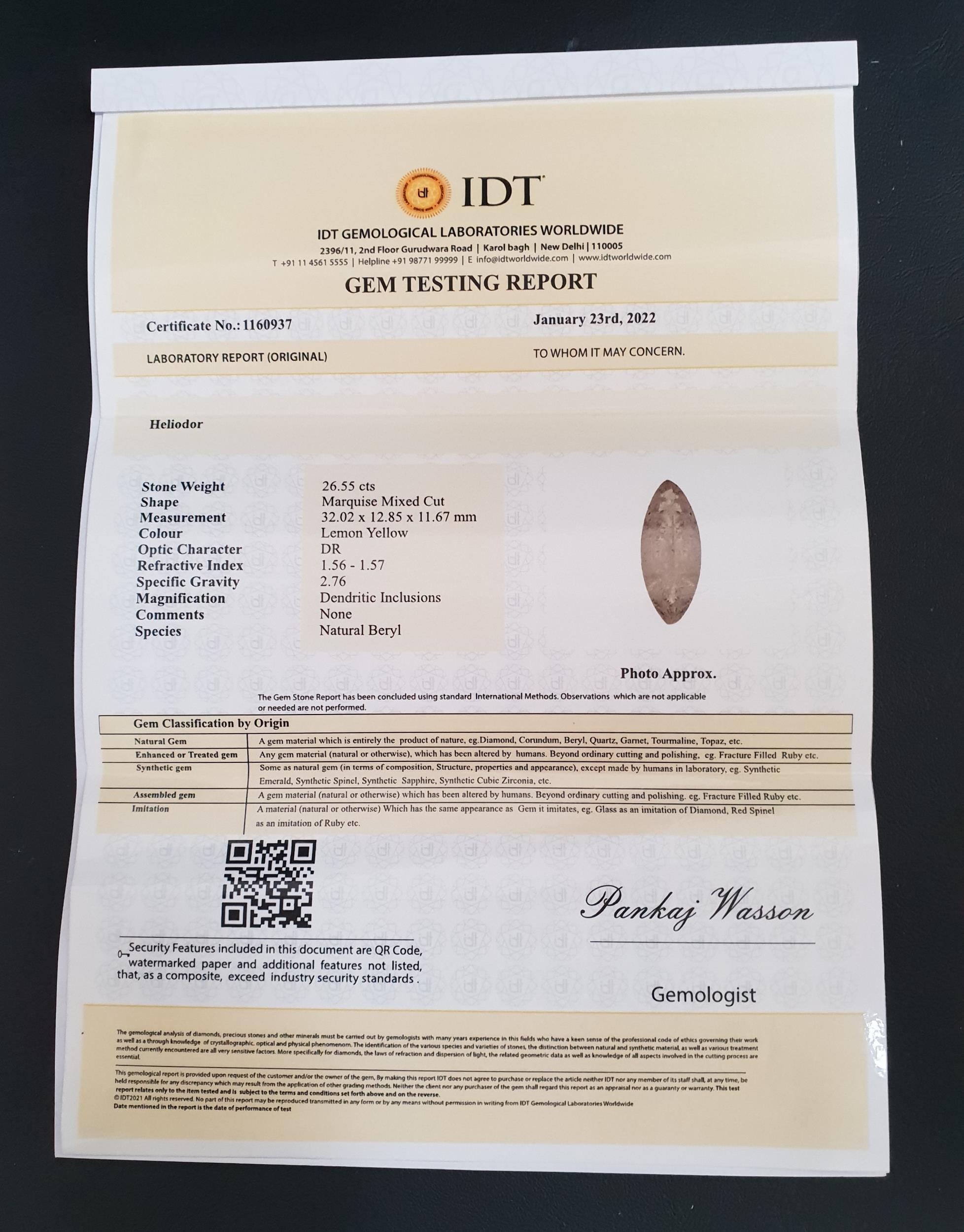 CERTIFIED LOOSE NATURAL HELIODOR BERYL the marquise mixed cut heliodor weighing 26.55cts, with IDT - Image 2 of 2