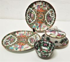 SELECTION OF FAMILLE ROSE including a tea bowl, 9.5cm diameter, two plates, 22cm diameter and a