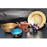 SELECTION OF EAST ASIAN ITEMS including a circular brass salver and bowl, both decorated with
