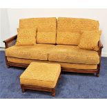 ERCOL BERGER SOFA in elm with caned side panels, back, seat and scatter cushions in yellow damask,