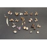 SELECTION OF EARRINGS including pearl and gem set, both studs and drops, some with gold butterflies,