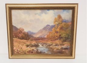 T H MAKAY Autumn in a remote glen, acrylic on canvas, signed, 34cm x 44cm