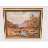 T H MAKAY Autumn in a remote glen, acrylic on canvas, signed, 34cm x 44cm