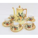 CONTINENTAL PORCELAIN COFFEE SERVICE decorated with a yellow ground and birds of paradise with