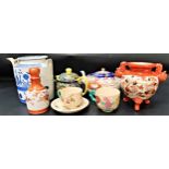 SELECTION OF EAST ASIAN ITEMS including a Cantonese blue and white teapot, a squat Chinese teapot