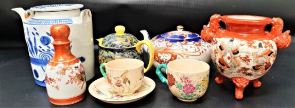 SELECTION OF EAST ASIAN ITEMS including a Cantonese blue and white teapot, a squat Chinese teapot