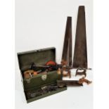 SELECTION OF TOOLS including a metal tool box, various saws, hand drill, scribe, chisels, plane,