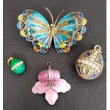 SMALL SELECTION OF ENAMEL DECORATED JEWELLERY comprising a silver gilt butterfly, an orchid pendant,