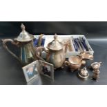 SELECTION OF SILVER PLATE including a Rogers Brothers part canteen of cutlery, tea pot, hot water