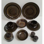 MIKASA POTTERY DINNER SERVICE with a green and brown decorative ground, comprising six dinner