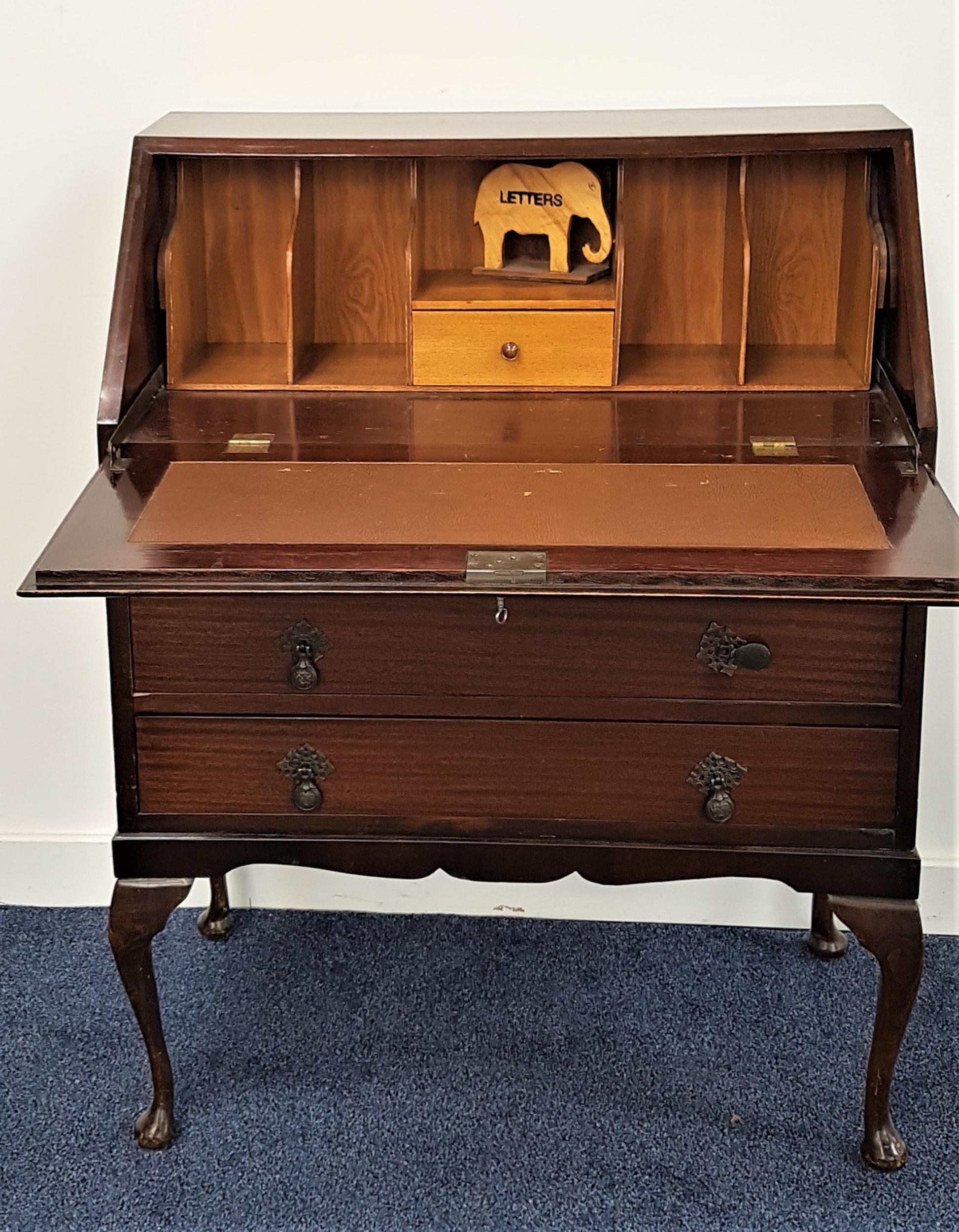 MAHOGANY BUREAU with a fall flap and fitted interior above three drawers, standing on cabriole - Image 2 of 2
