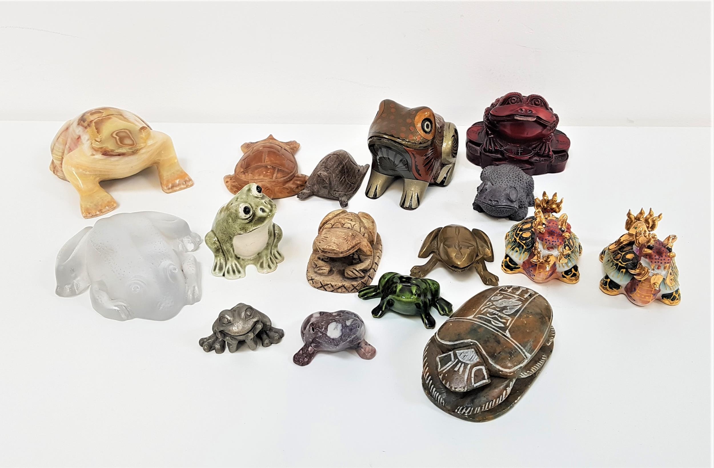 SELECTION OF THIRTEEN FROGS including examples in brass, alabaster, pottery and glass, together with