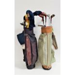 TWO GOLF BAGS with a selection of clubs including a 3, 5, 6, 7, and 8 iron, wedge, three putters and