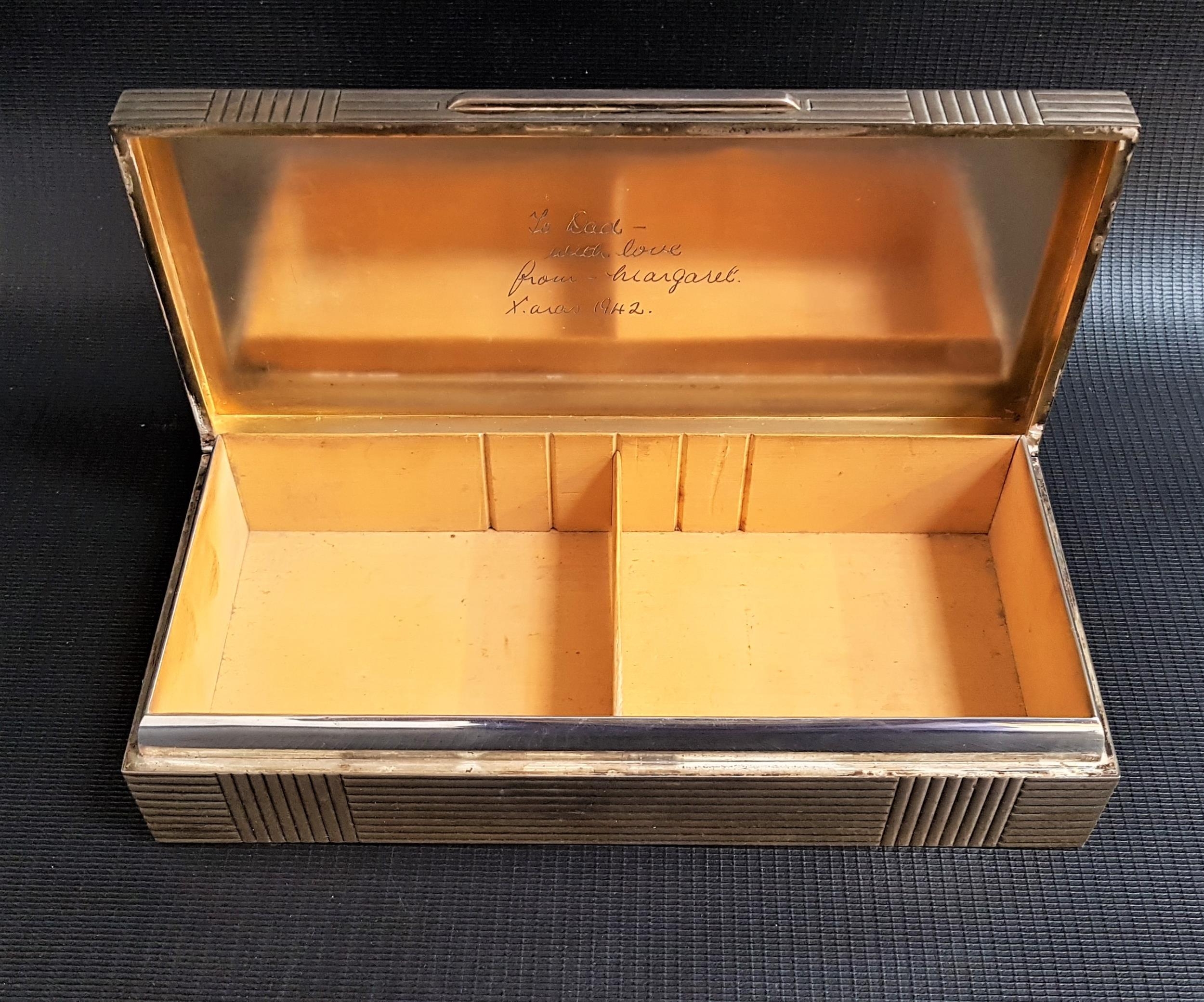 GEORGE VI SILVER CIGARETTE BOX with a ribbed body and cedar lined, the gilt lid interior - Image 2 of 2