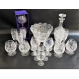 SELECTION OF CRYSTAL AND OTHER GLASSWARE including a decanter and stopper, two Glencairn wines
