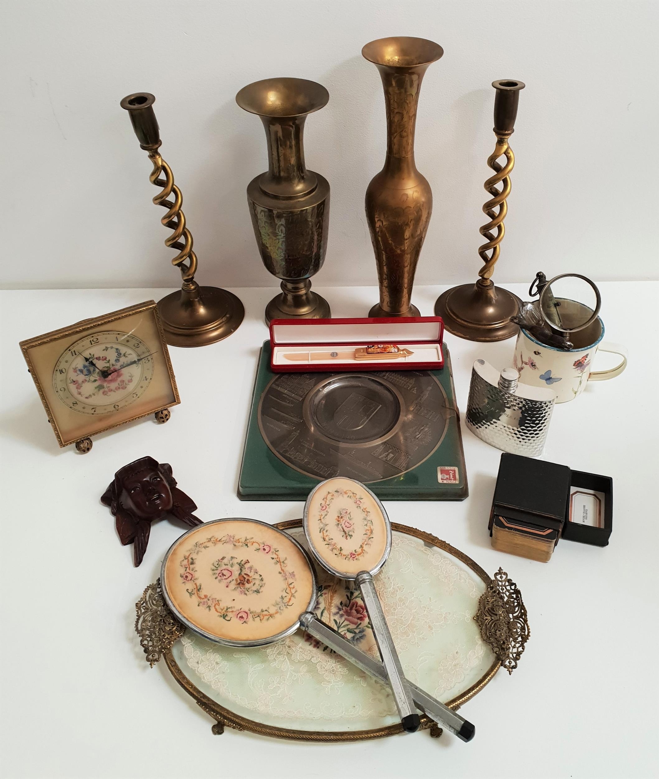 MIXED LOT OF COLLECTABLES including a pair of brass twisted candlesticks, two brass vases,