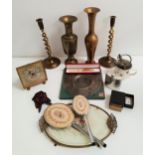 MIXED LOT OF COLLECTABLES including a pair of brass twisted candlesticks, two brass vases,