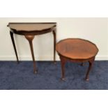 MAHOGANY D SHAPED SIDE TABLE standing on slender cabriole supports, 73.5cm high, together with a