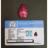 CERTIFIED LOOSE NATURAL RUBY the pear cut ruby weighing 53.75cts, with GLI Gemmological Report