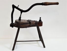 ANTIQUE FRENCH VINYARD BELLOWS marked 'Labat Bordeaux', on a cast iron stand, 60cm high