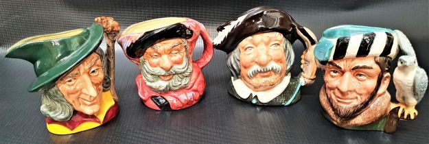 FOUR ROYAL DOULTON CHARACTER JUGS Sancho Panca D6461, Pied Piper D6462, The Falconer D6540 and