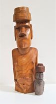 EASTER ISLAND MOAI CARVED WOOD FIGURE with carvings to both sides, 51cm high, together with a