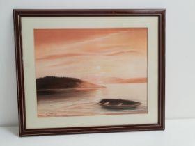 A. DELANEY Boat at sunset, pastel, signed, 30.5cm x 38.5cm