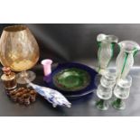 MIXED LOT OF GLASSWARE including five green stem wine glasses, six smoked glass and gold hooped