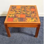 JOHN LEWIS TEAK OCCASIONAL TABLE with a tiled top, standing on plain supports, 40cm high