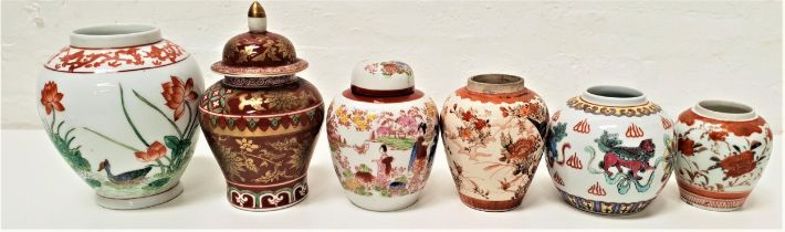 SIX GINGER JARS comprising an Imari ginger jar and cover, two Kutani ginger jars lacking lids,