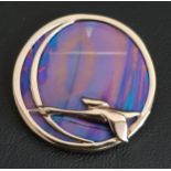PAT CHENEY SILVER MOUNTED BROOCH / PENDANT the circular John Dichfield iridescent glass with