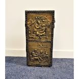 BRASS EMBOSSED STICK STAND with lion mask side handles, 55cm high