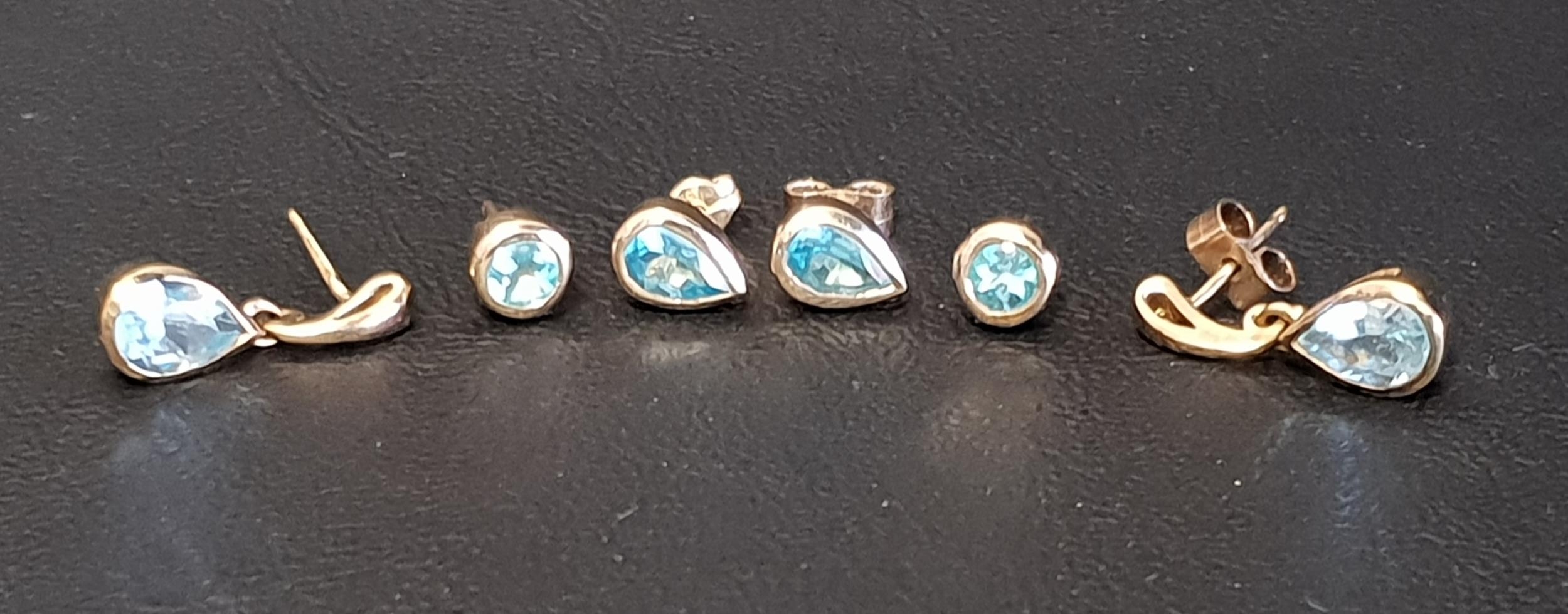 THREE PAIRS OF BLUE GEM SET EARRINGS all in nine carat gold, comprising a pair of aquamarine drop - Image 2 of 2