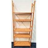 SET OF PINE OPEN SHELVES with five shelves and pine supports, 170cm high