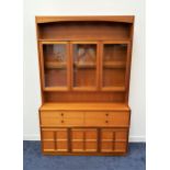 NATHAN TEAK ILLUMINATED SIDE CABINET with an upper open shelf above three glazed doors, the base