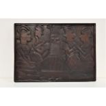 20th CENTURY CARVED BENIN PANEL depicting Oba and attendants, stained teak, 44cm x 61cm