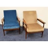 PAIR OF GREAVES & THOMAS TEAK RECLINING ARMCHAIRS both with padded backs and seats, shaped arms,