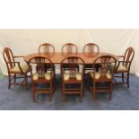 REGENCY STYLE MAHOGANY D END DINING TABLE AND CHAIRS the table with an extra leaf, standing on two