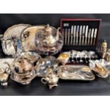 LARGE SELECTION OF SILVER PLATE including a canteen of cutlery, cased set of twelve tea spoons,