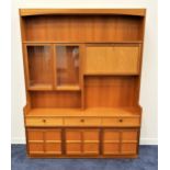 NATHAN TEAK ILLUMINATED SIDE CABINET with an upper open shelf above a pair of glass cupboard doors