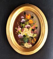 FLORAL MINIATURE PAINTING in oval gilt frame, signed Cristian, 11cm high