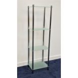 SET OF OPEN SHELVES with four opaque glass shelves on chrome supports, 134cm high