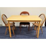 BEECH KITCHEN TABLE with a rectangular top, standing on shaped supports, 121cm x 74.5cm, together