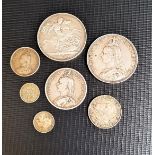 SELECTION OF BRITISH SILVER COINS all pre-1920, including two crowns dating from 1887 and 1893,