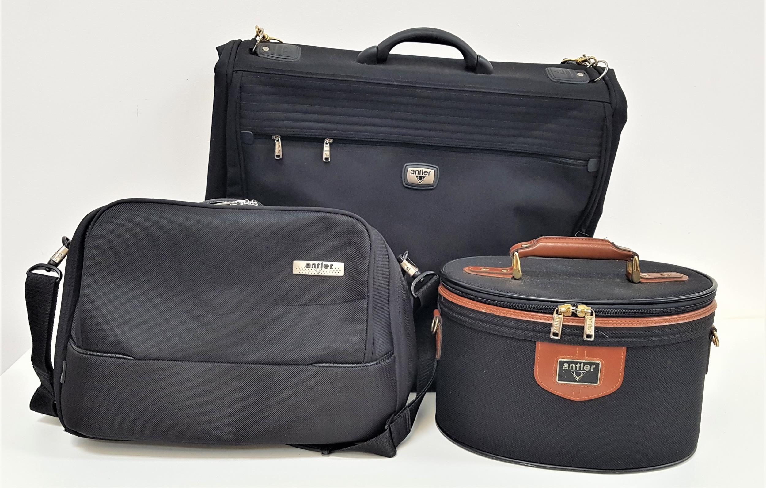 SET OF ANTLER LUGGAGE including a ladies oval jewellery/vanity case, a gents suit/weekend bag and