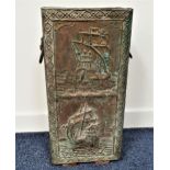 EMBOSSED BRASS STICK STAND decorated with a nautical scene, with lion mask handles, 55cm high