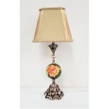 MOORCROFT TABLE LAMP with a central pottery bulbous stem, decorated in the hibiscus pattern with a