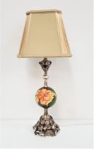 MOORCROFT TABLE LAMP with a central pottery bulbous stem, decorated in the hibiscus pattern with a
