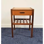 TEAK BEDSIDE TABLE with a square top and frieze drawer above a slatted undertier, standing on